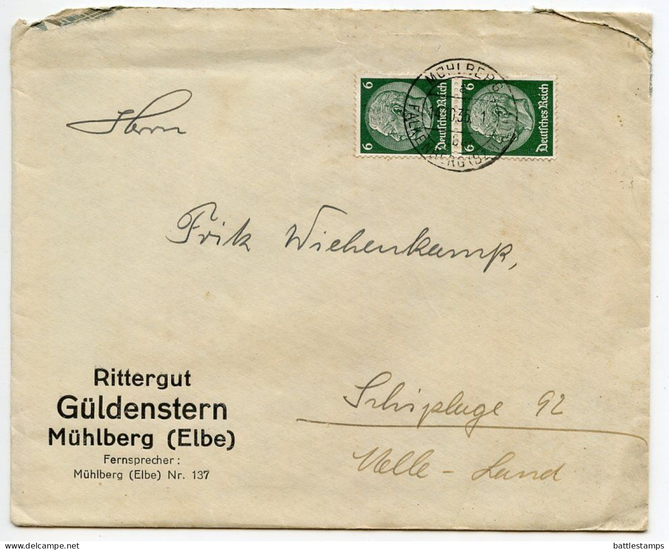 Germany 1936 Cover & Letter; Mühlberg, Falkenberg (Bz. Halle) - R. Güldenstern, Pelztierzucht-Betrieb; 6pf. Hindenburg - Briefe U. Dokumente