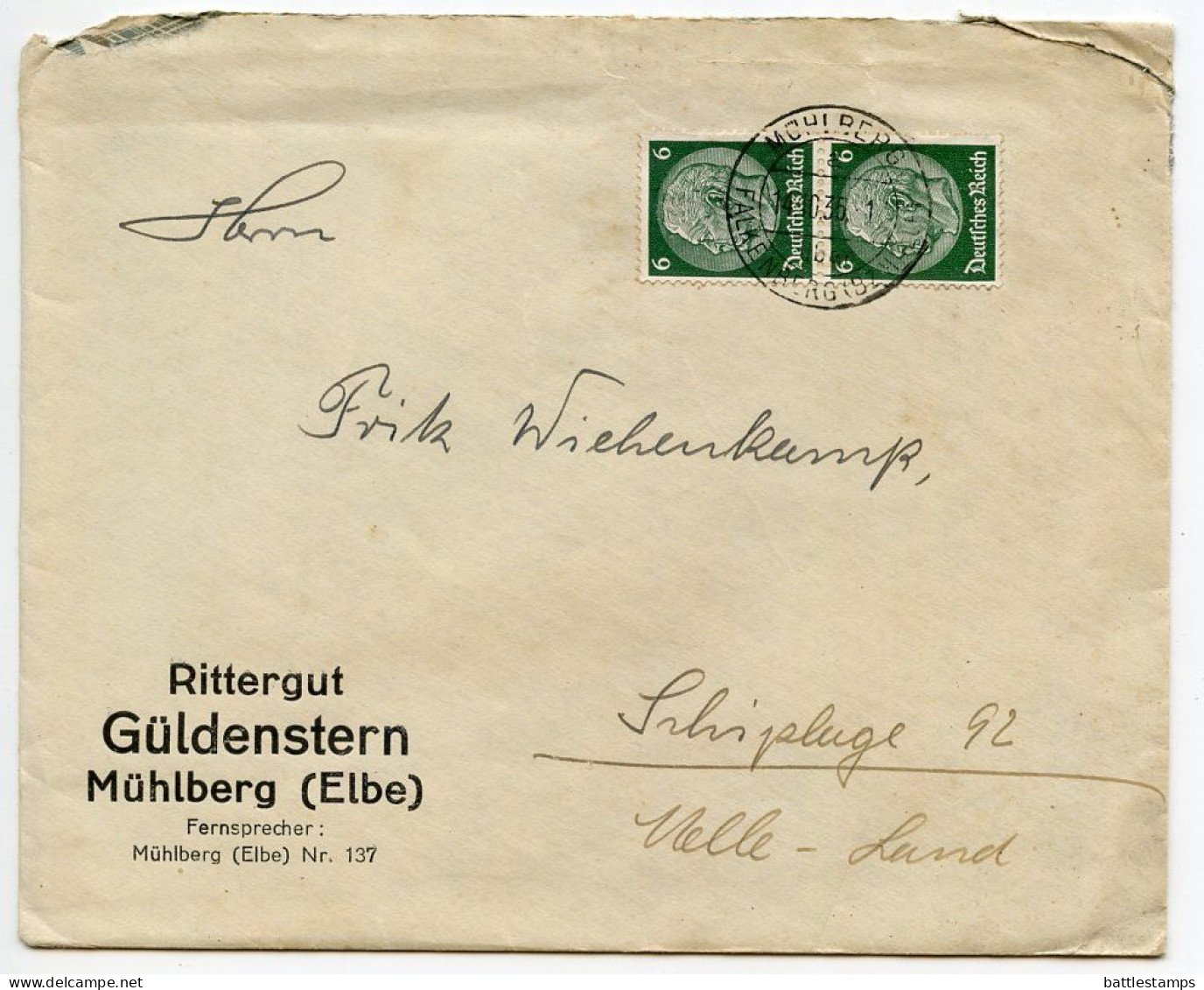 Germany 1936 Cover & Letter; Mühlberg, Falkenberg (Bz. Halle) - R. Güldenstern, Pelztierzucht-Betrieb; 6pf. Hindenburg - Brieven En Documenten