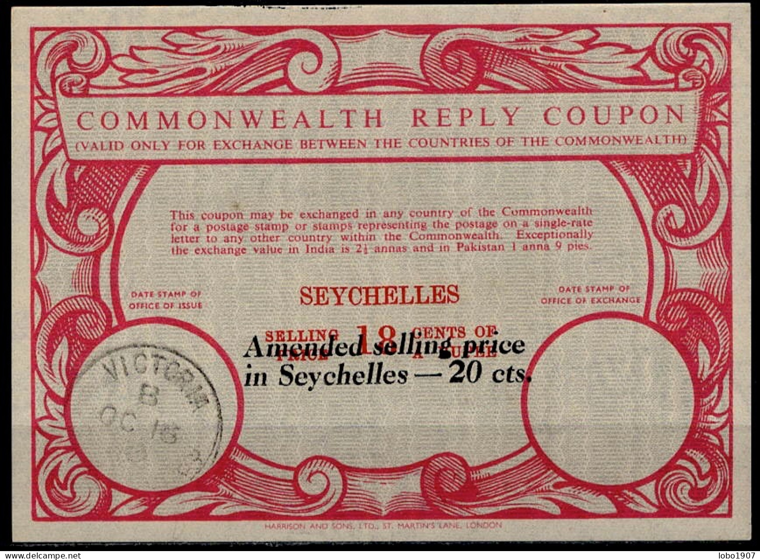 SEYCHELLES  Co9 AMENDED SELLING PRICE 20 CTS. / 18 CENTS Commonwealth Reply Coupon Reponse Antwortschein IRC IAS O VICTO - Seychellen (1976-...)