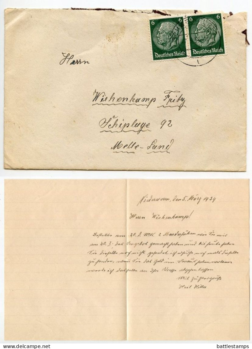 Germany 1939 Cover & Letter; Schweinfurt To Schiplage; 6pf. Hindenburg, Pair - Briefe U. Dokumente