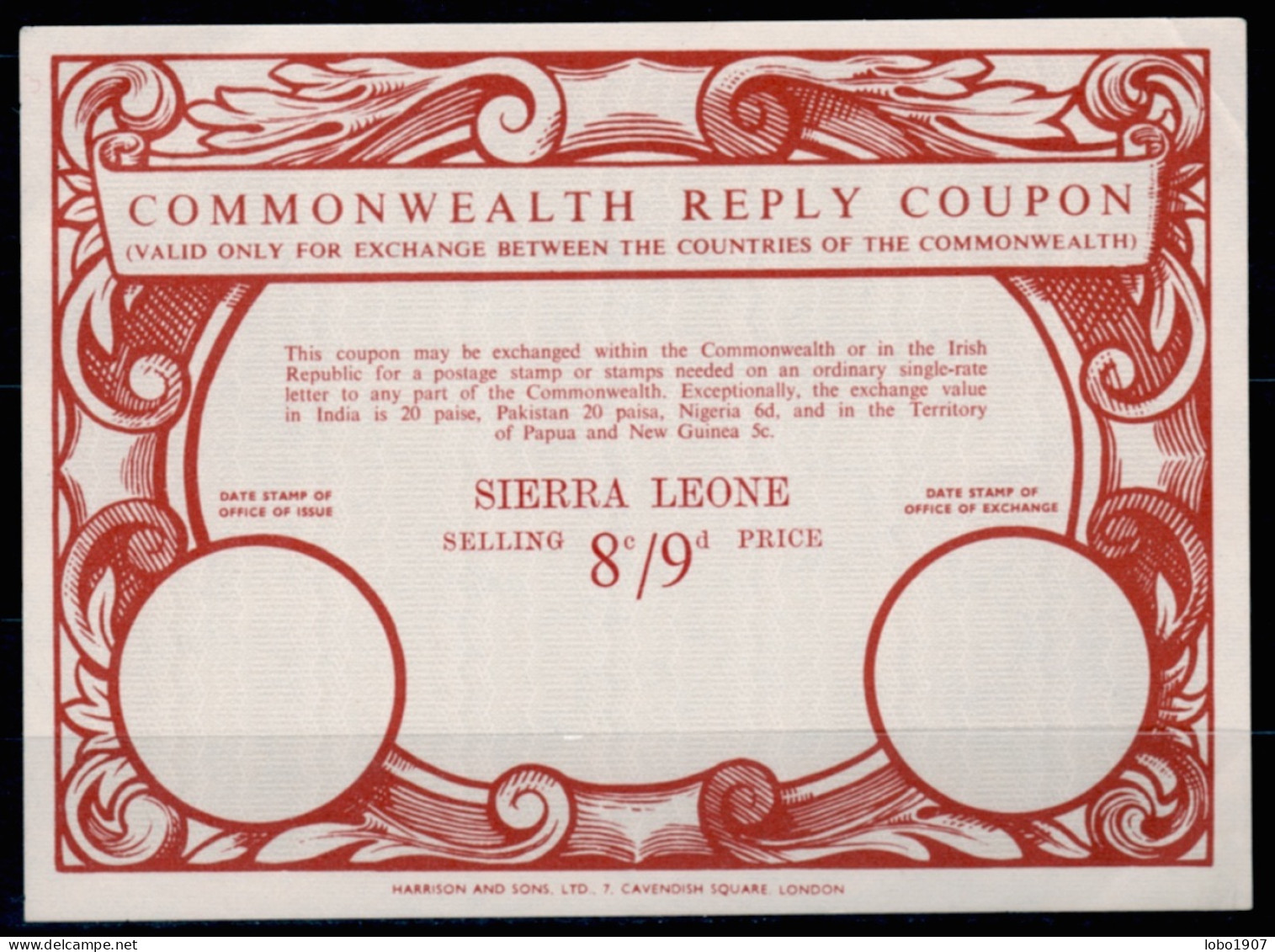 SIERRA LEONE Co17  8c / 9d  Commonwealth Reply Coupon Reponse Antwortschein IRC IAS  Mint ** - Sierra Leona (1961-...)