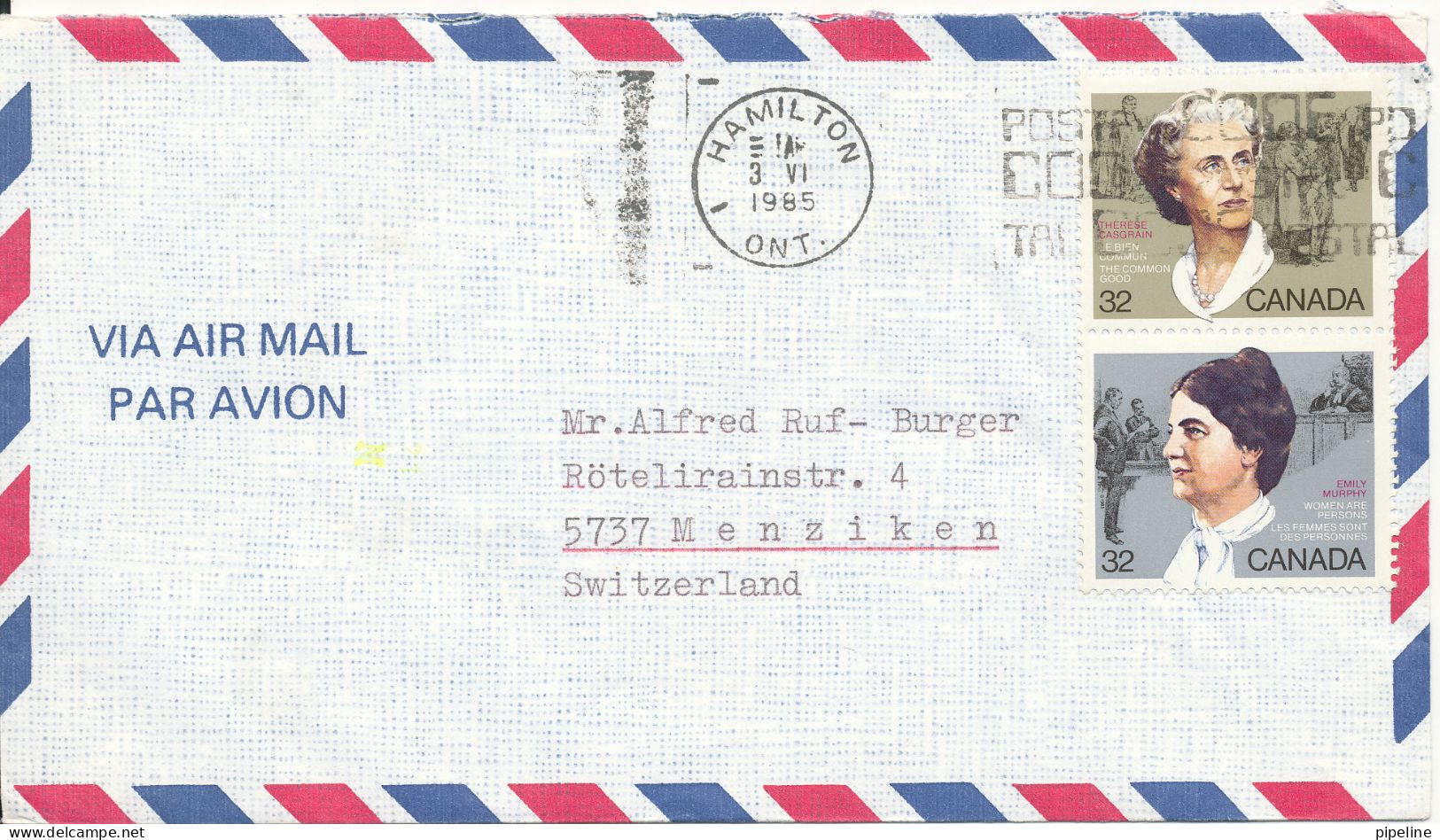 Canada Air Mail Cover Sent To Switzerland Hamilton Ont. 3-6-1985 - Airmail