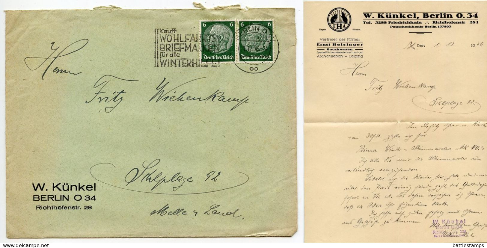 Germany 1936 Cover & Letter; Berlin - W. Künkel, Rauchwaren To Schiplage; 6pf. Hindenburg, Pair; Slogan Cancel - Covers & Documents