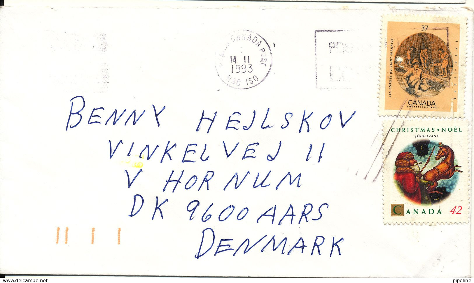 Canada Cover Sent To Denmark 14-11-1993 - Lettres & Documents