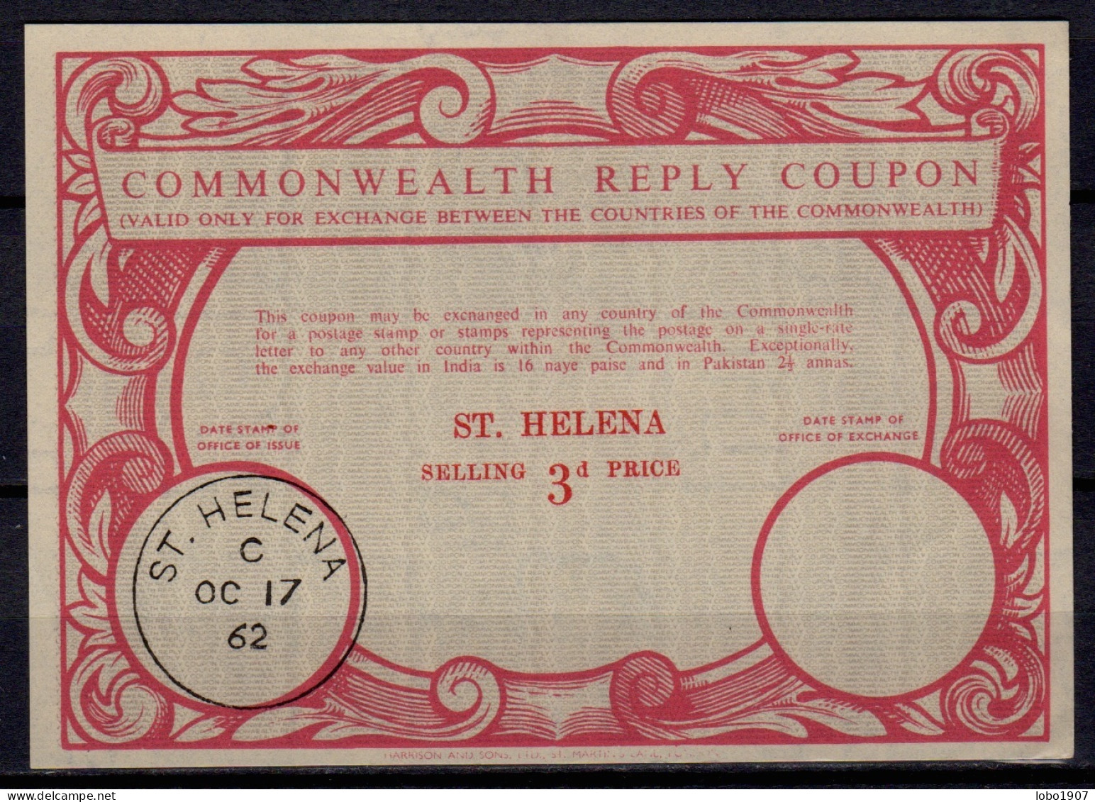 ST. HELENA  Co12  3d.  Commonwealth Reply Coupon Reponse Antwortschein IRC IAS  O ST. HELENA 17.10.62 - Isla Sta Helena