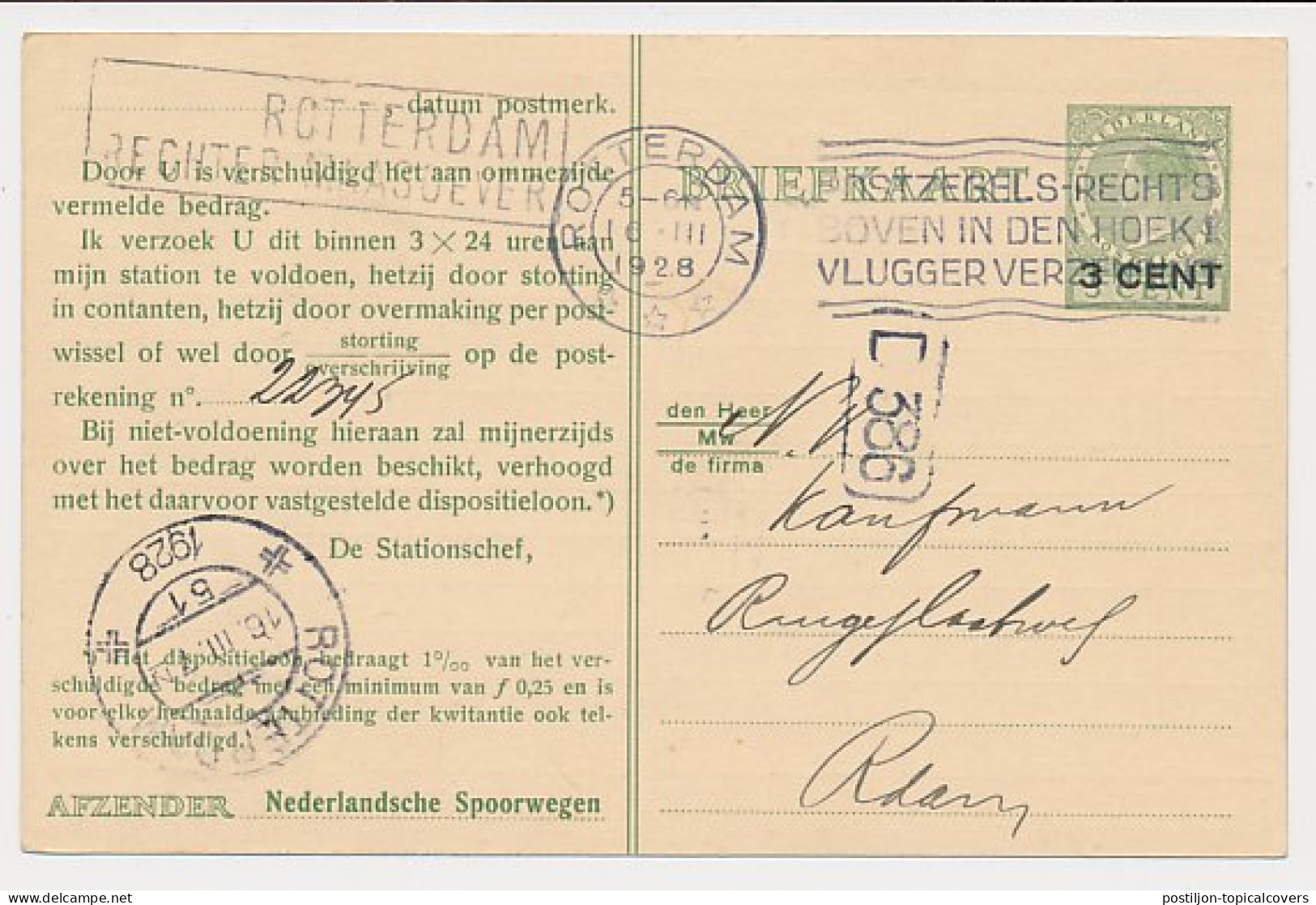 Spoorwegbriefkaart G. PNS216 G - Locaal Te Rotterdam 1928 - Entiers Postaux