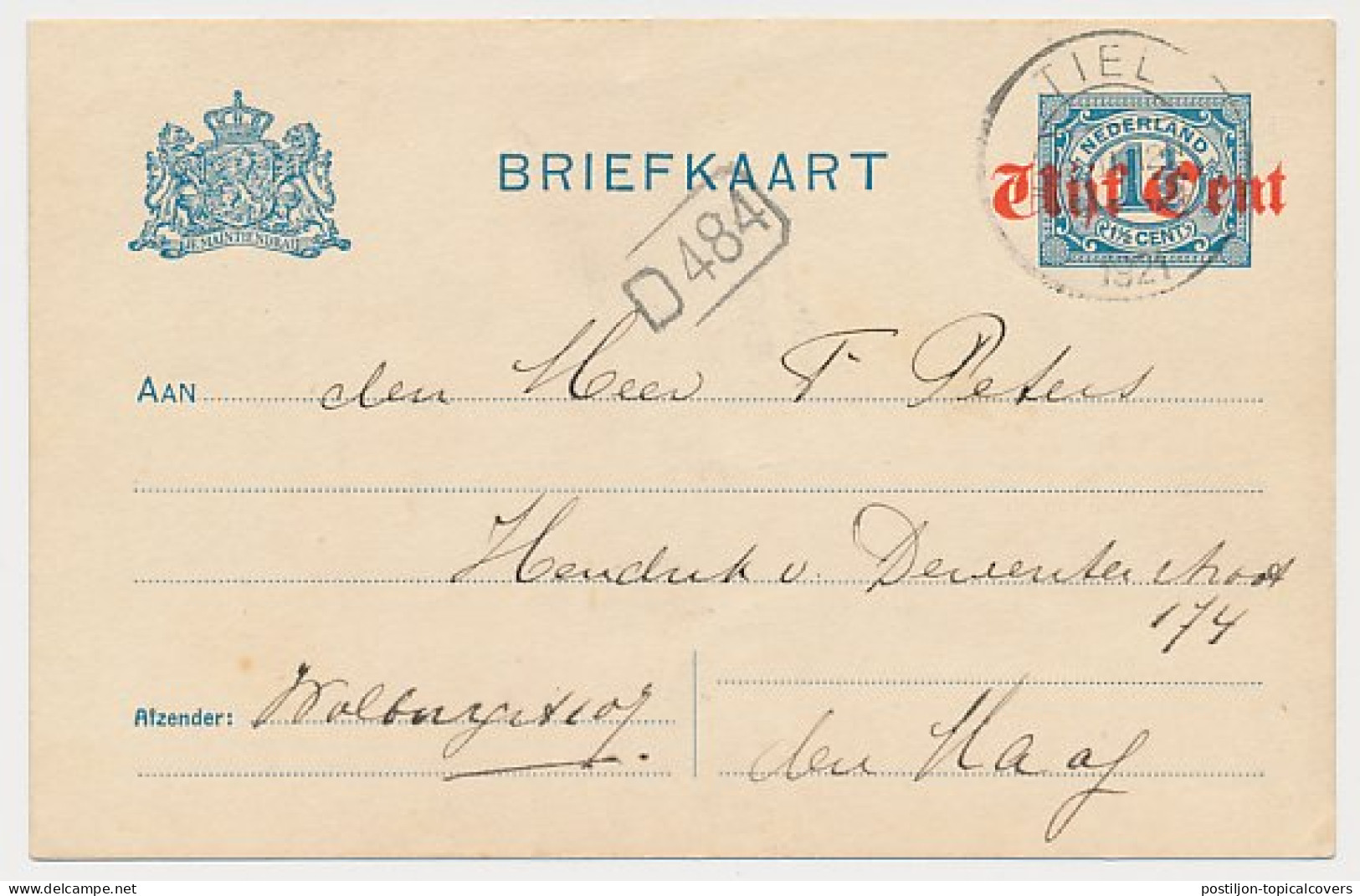 Briefkaart G. 106 A II Tiel - Den Haag 1921 - Postwaardestukken