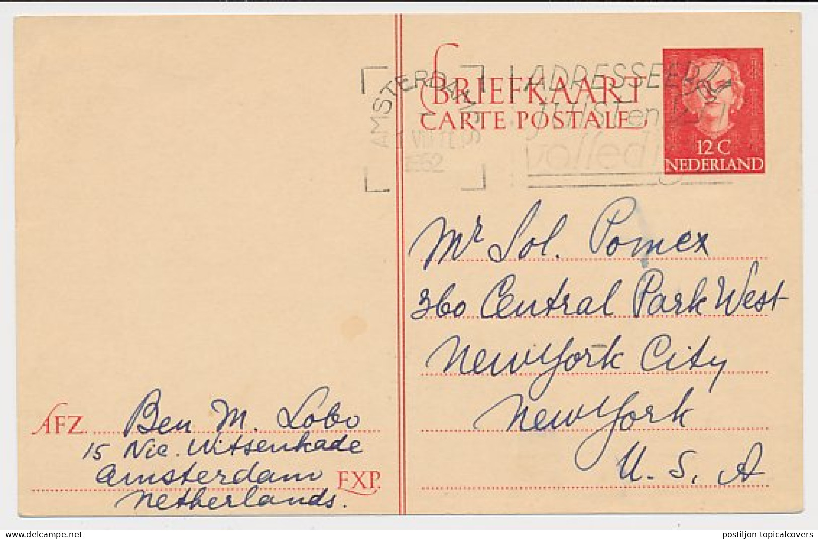 Briefkaart G. 306 Amsterdam - New York USA 1952 - Entiers Postaux