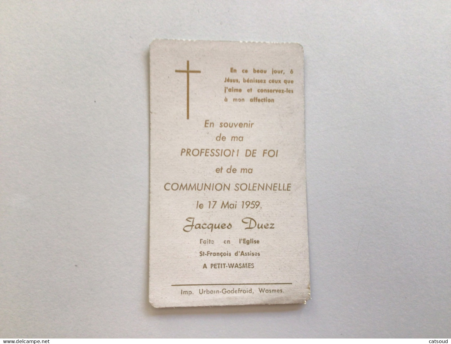 Ancien Faire-part De Communion 17 Mai 1959 Petit-Wasmes Jacques DUEZ - Communion