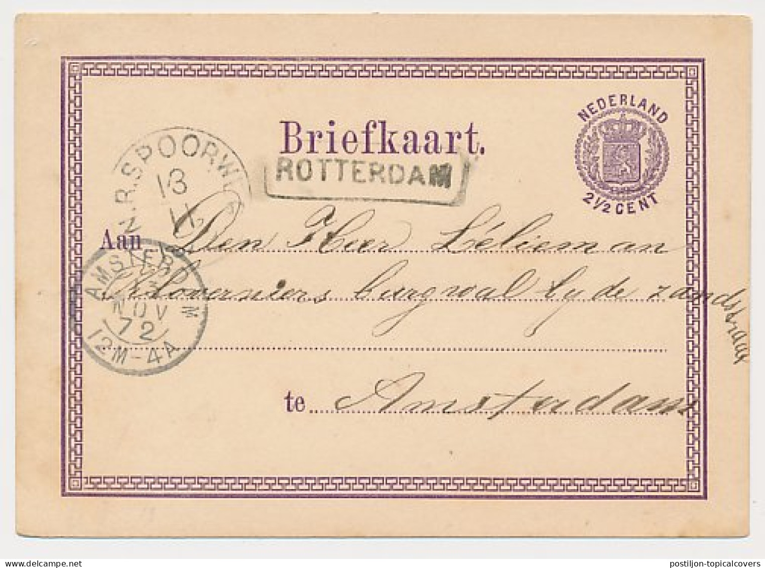 N.R. Spoorweg - Trein Haltestempel Rotterdam 1872 - Covers & Documents