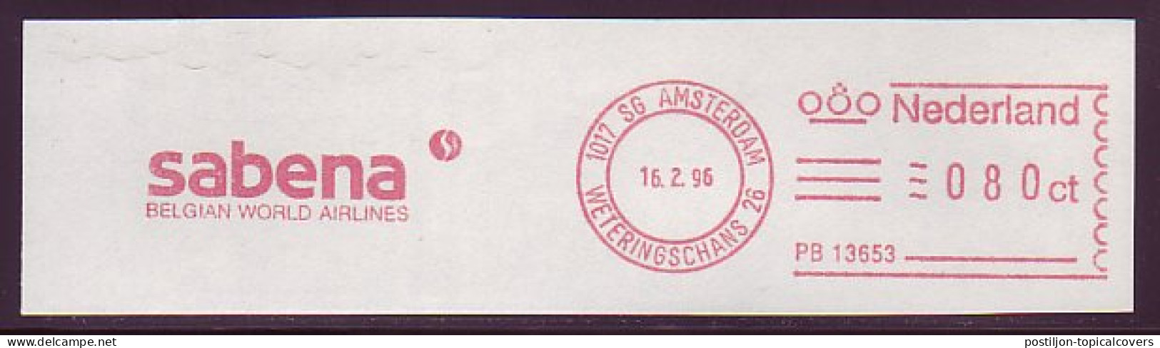 Meter Cut Netherlands 1996 Sabena - Belgian World Airlines - Flugzeuge