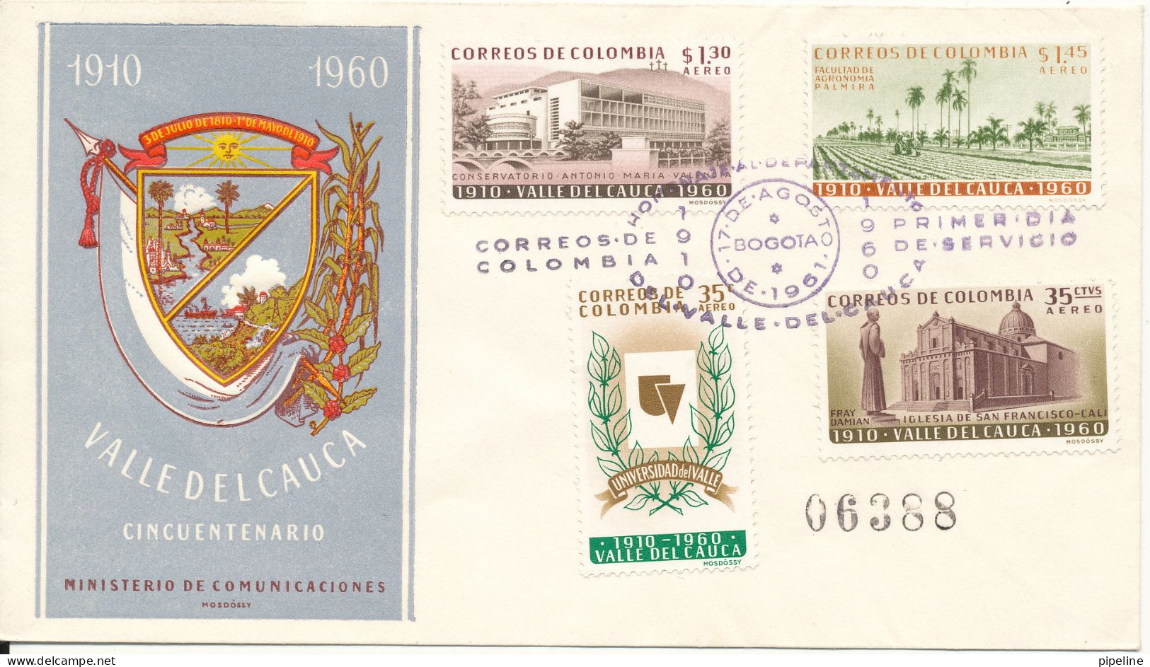 Colombia FDC 17-8-1961 Valle Del Cauca With Cachet - Colombie