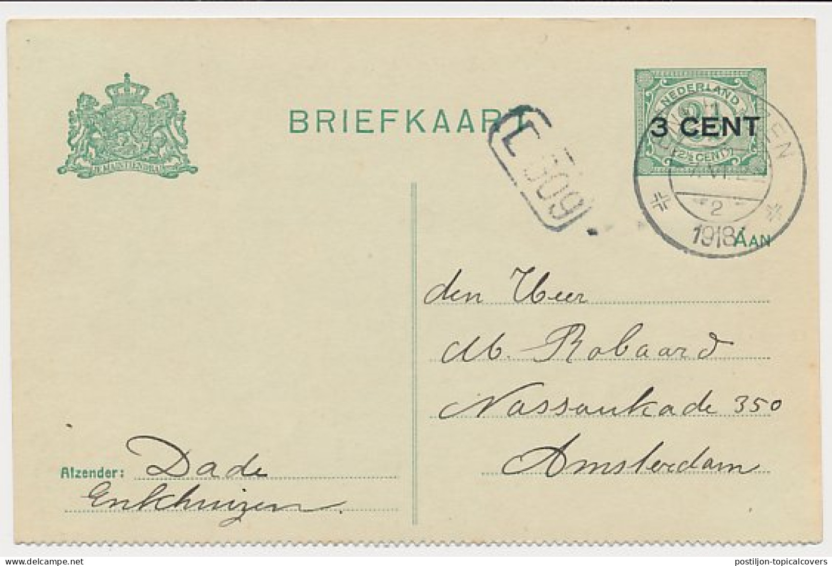 Briefkaart G. 96 B I Enkhuizen - Amsterdam 1918 - Entiers Postaux