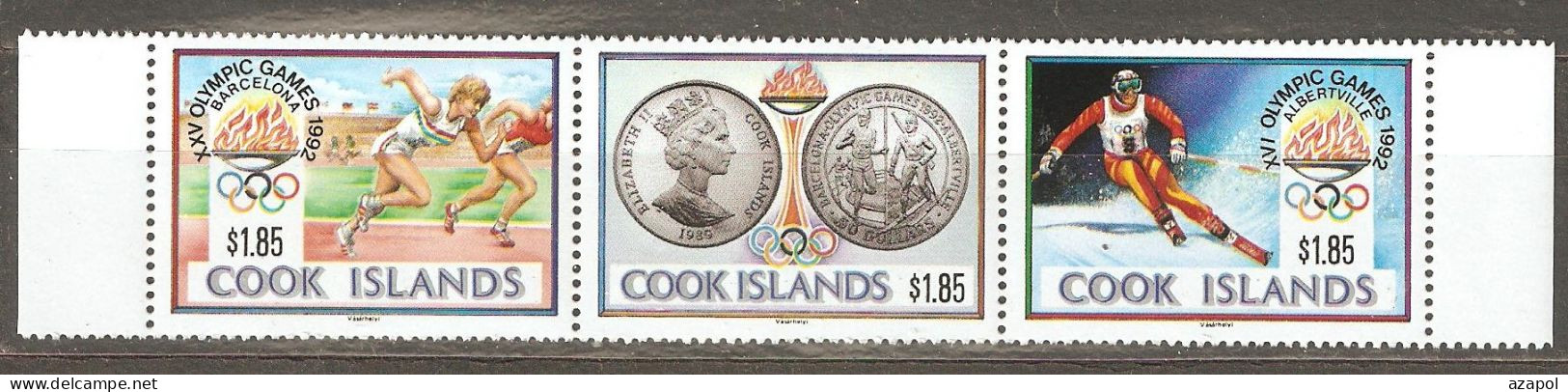 Cook Islands: Full Set Of 3 Mint Stamps - Strip, Olympic Games, 1990, Mi#1307-9, MNH - Islas Cook