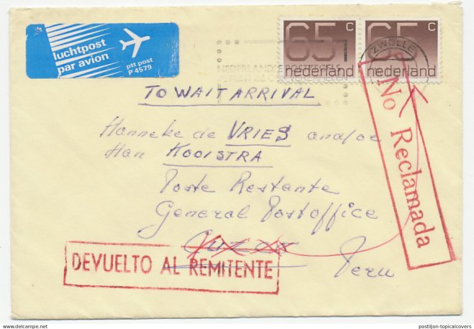 Cover Netherlands - Peru 1989 Poste Restante - Unclassified