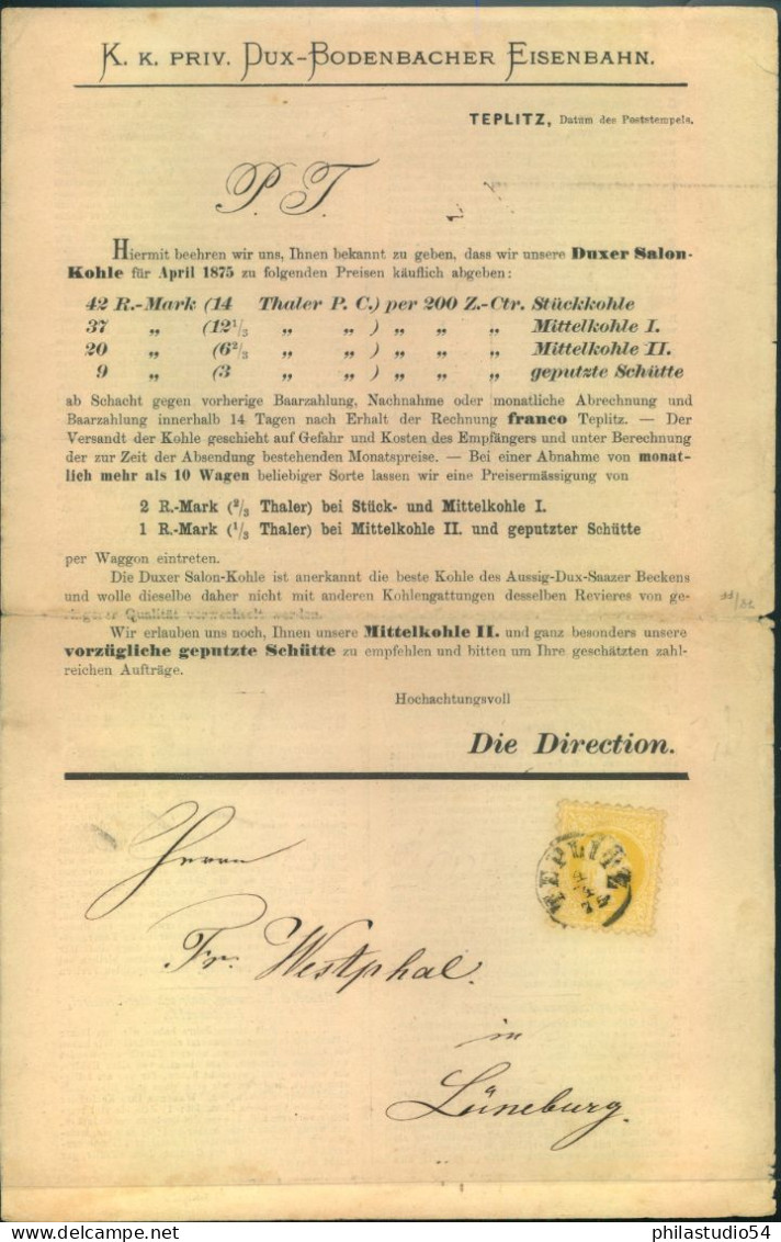 1875, 2 Kr. Franz Josef Als EF Auf 4 Seitiger Inform,atio Der "Kohlenwerke Der K. U. K. Prov. Dux-Bodenbacher Eisenbahm - Storia Postale