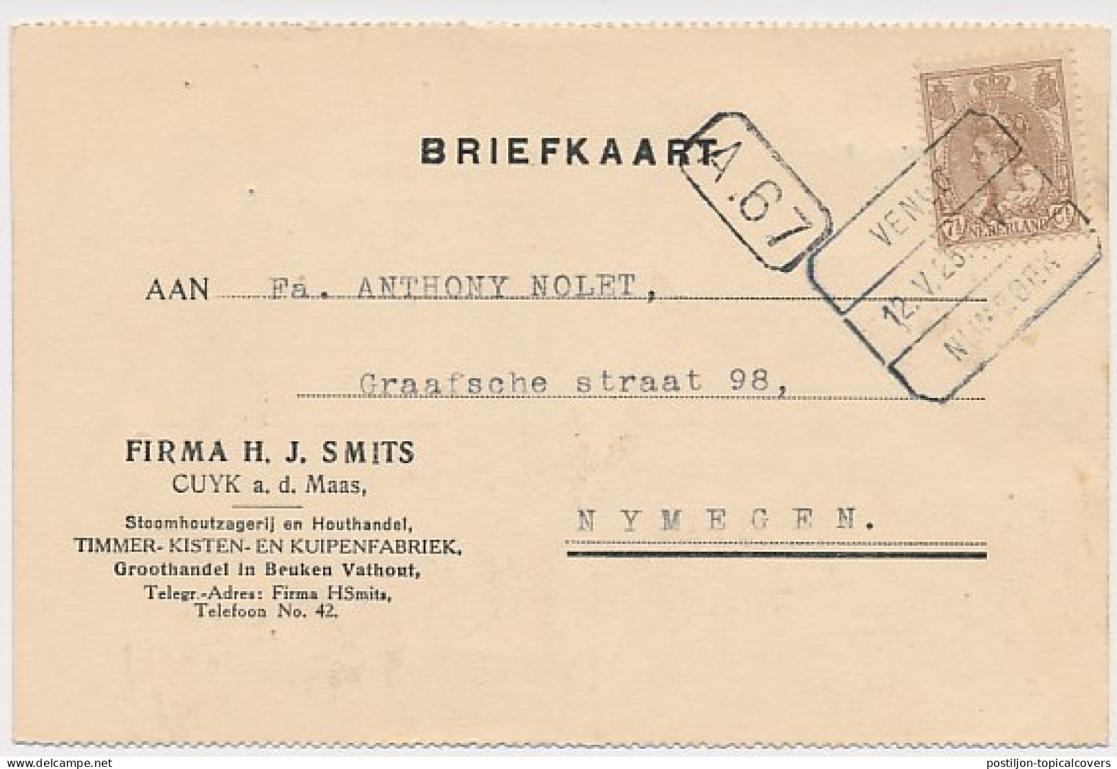 Firma Briefkaart Cuyk A.d Maas 1925 - Stoomhoutzagerij - Kuipen - Unclassified