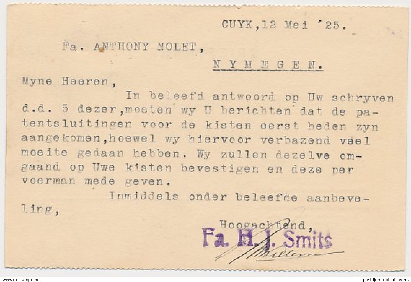 Firma Briefkaart Cuyk A.d Maas 1925 - Stoomhoutzagerij - Kuipen - Unclassified