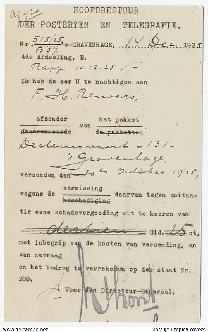 Dienst PTT Den Haag - Dedemsvaart 1925 - Vermissing  - Unclassified