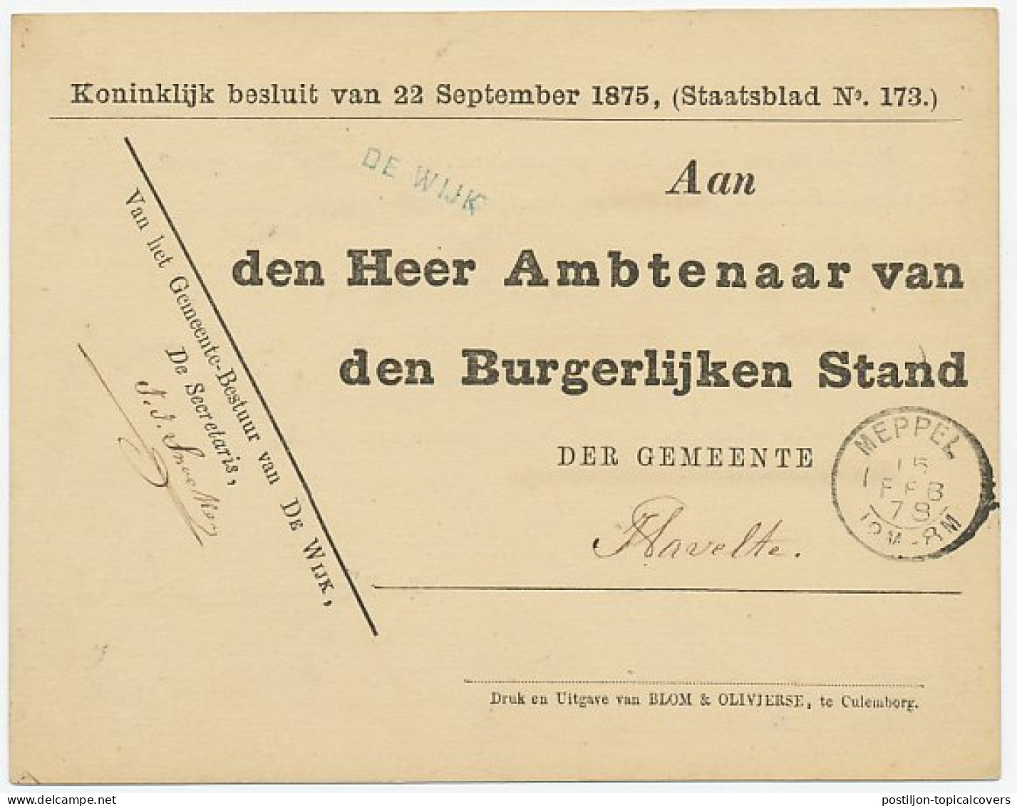 Naamstempel De Wijk 1878 - Cartas & Documentos