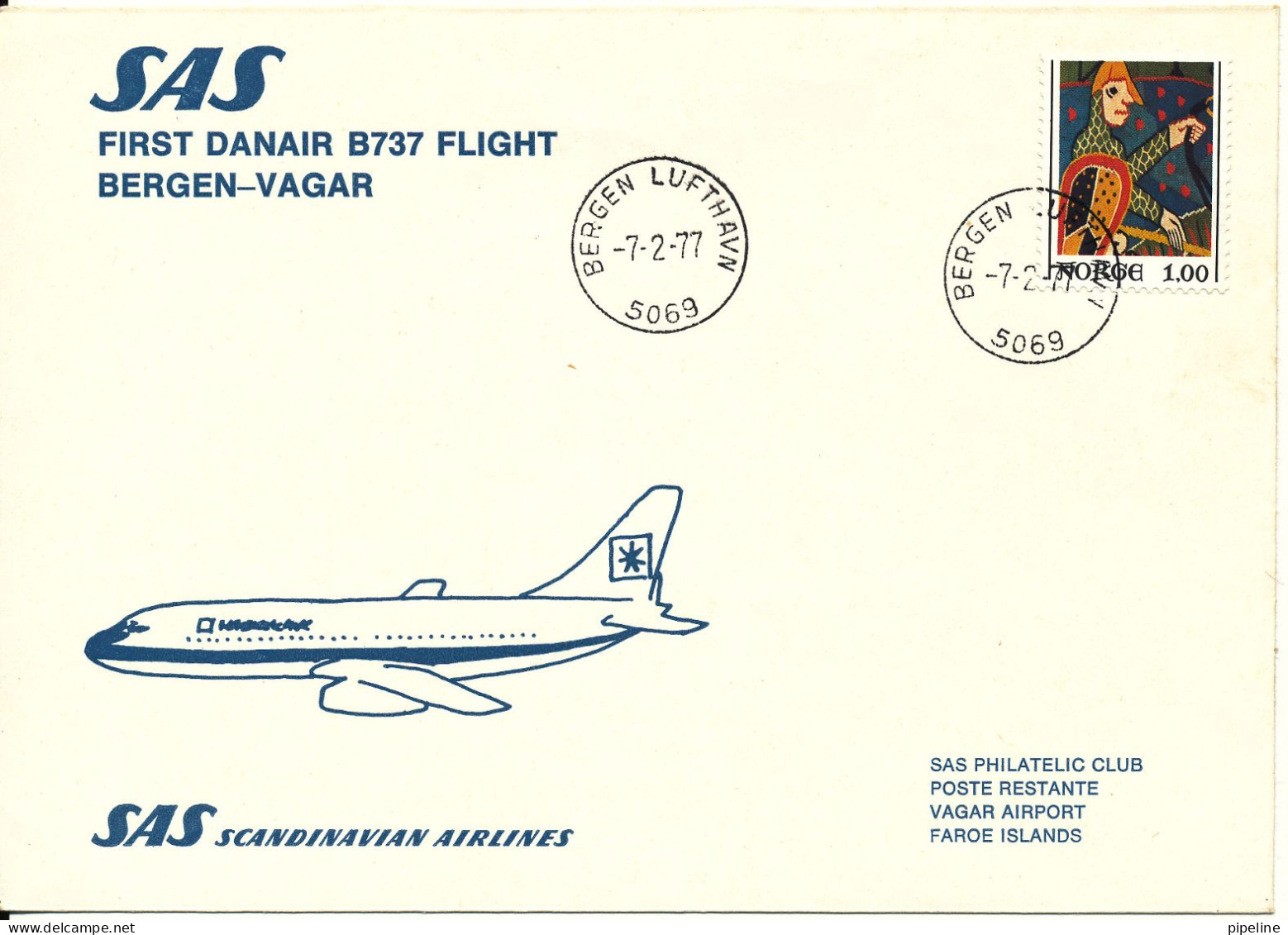 Norway Cover First SAS Danair B737 Flight Bergen - Vagar Faroe Islands 7-2-1977 - Covers & Documents