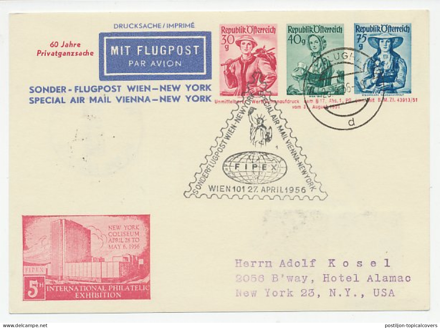 Postal Stationery Austria 1956 FFC / First Flight Card Austria - USA - Lady Liberty  - Vliegtuigen