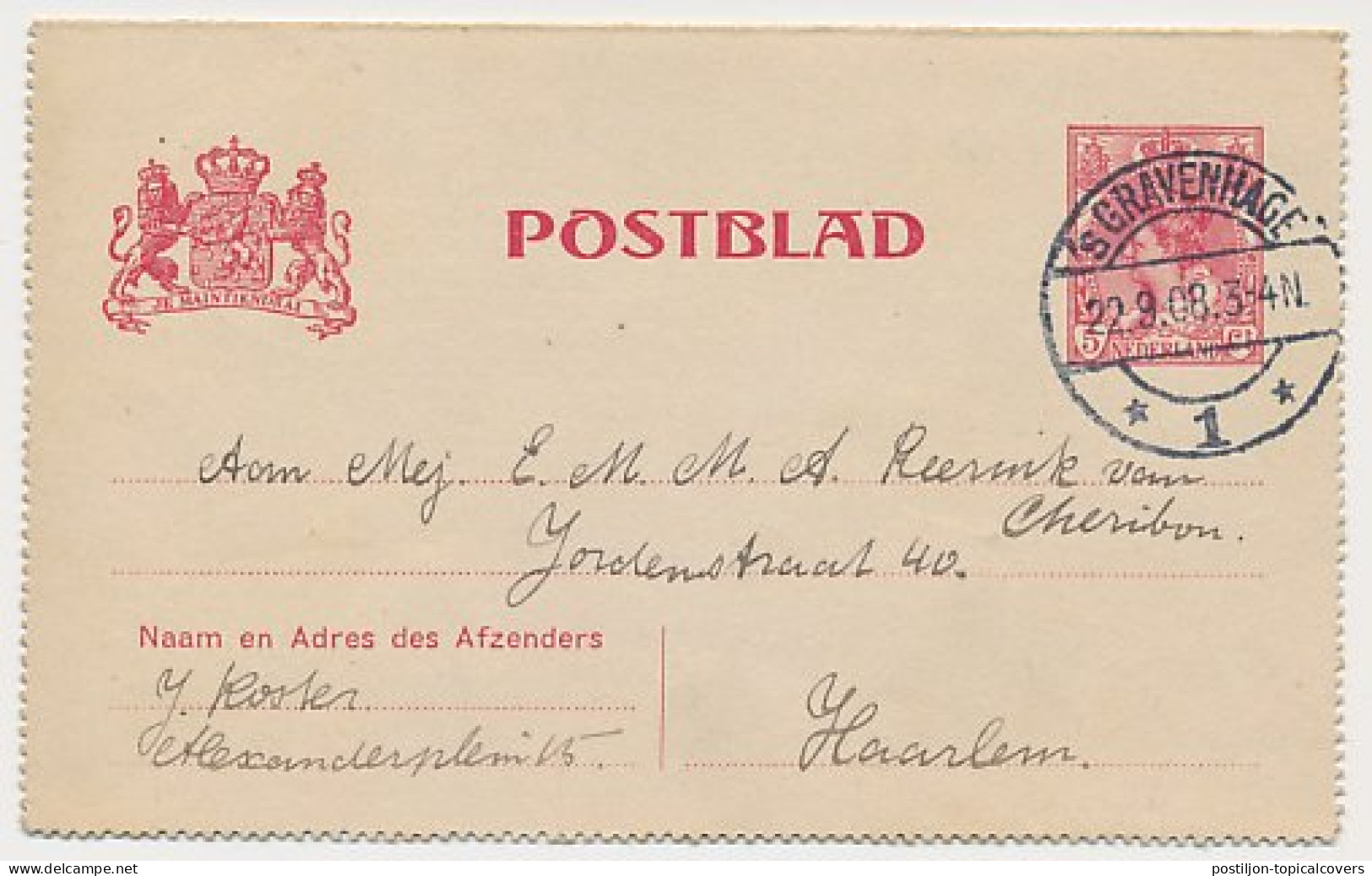 Postblad G. 12 Den Haag - Haarlem 1908  - Postwaardestukken