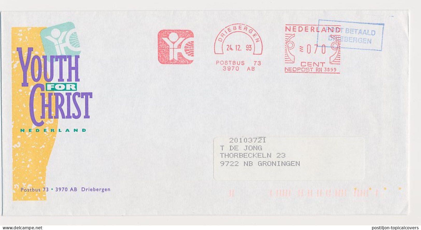 Meter Cover Netherlands 1993 Youth For Christ - Driebergen - Other & Unclassified
