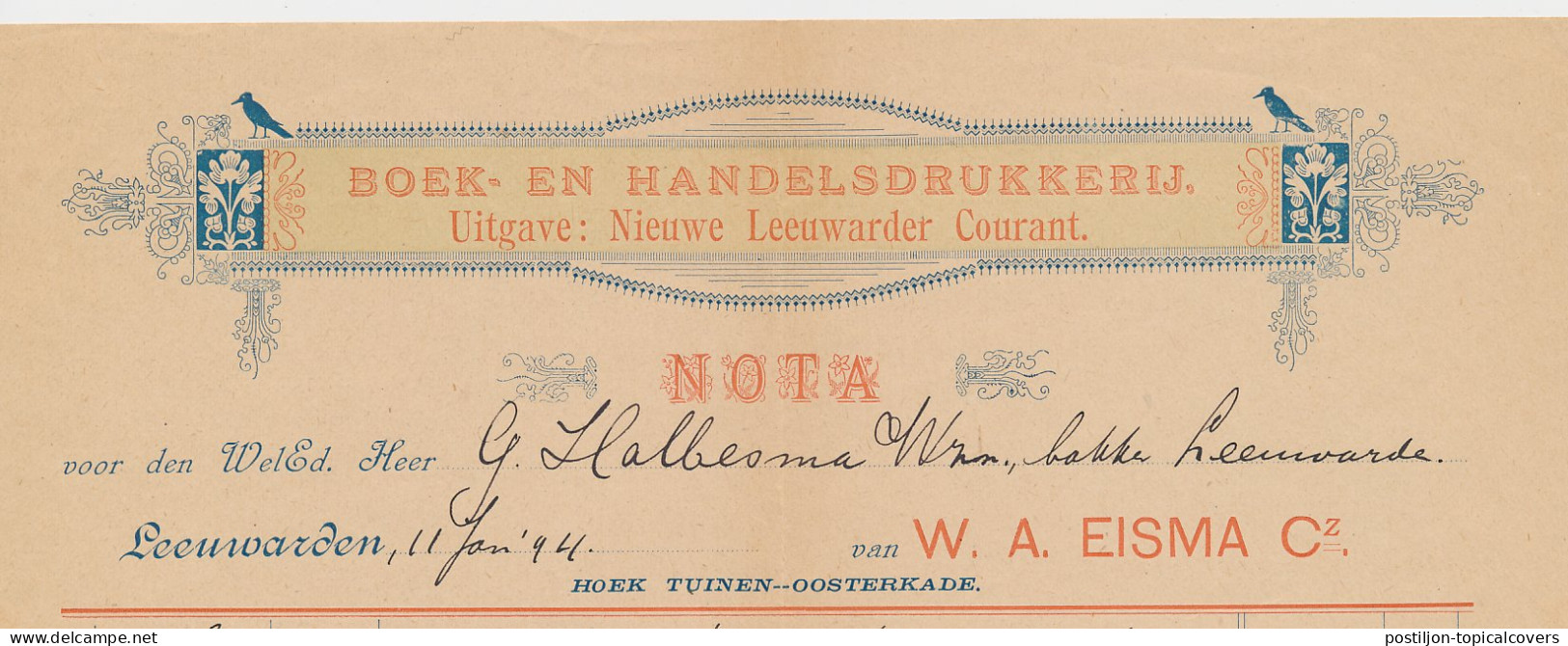 Nota Leeuwarden 1894 - Boek En Handelsdrukkerij - Courant - Netherlands