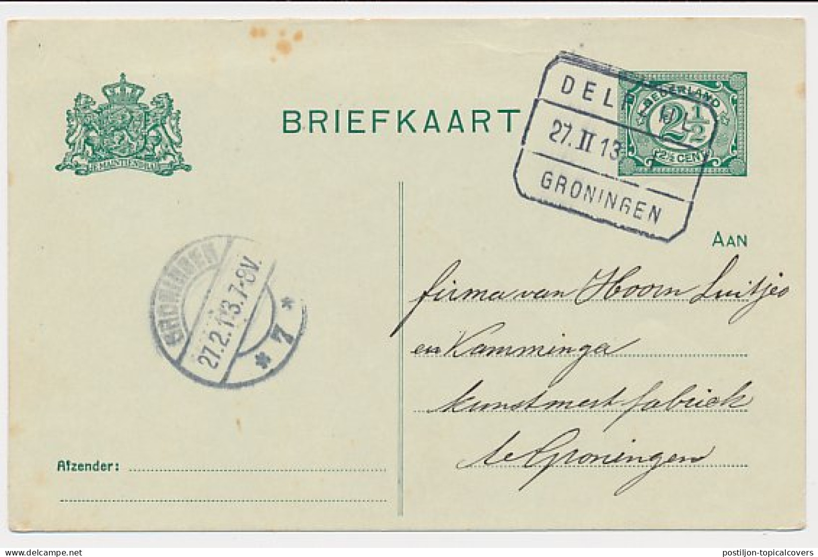 Treinblokstempel : Delfzijl - Groningen I 1913 - Unclassified