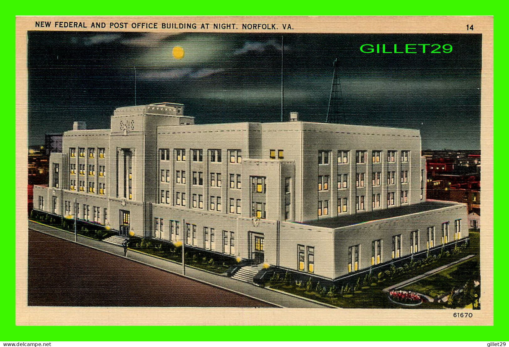 NORFOLK, VA - NEW FEDERAL AND POST OFFICE BUILDING AT NIGHT - PUB. BY ACME PHOTO CO - TICHNOR BROTHERS INC - - Norfolk