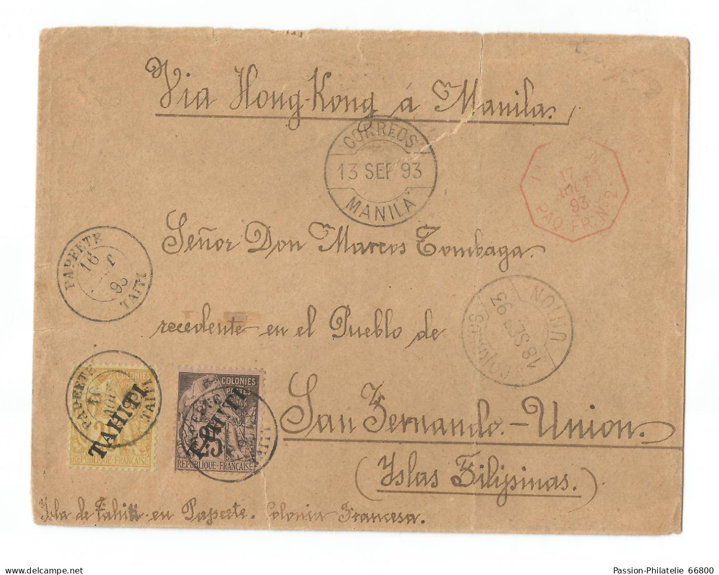 TAHITI 1893 Cover To Manila Via Hong Kong Nr. 14 / 15 RRR - Storia Postale