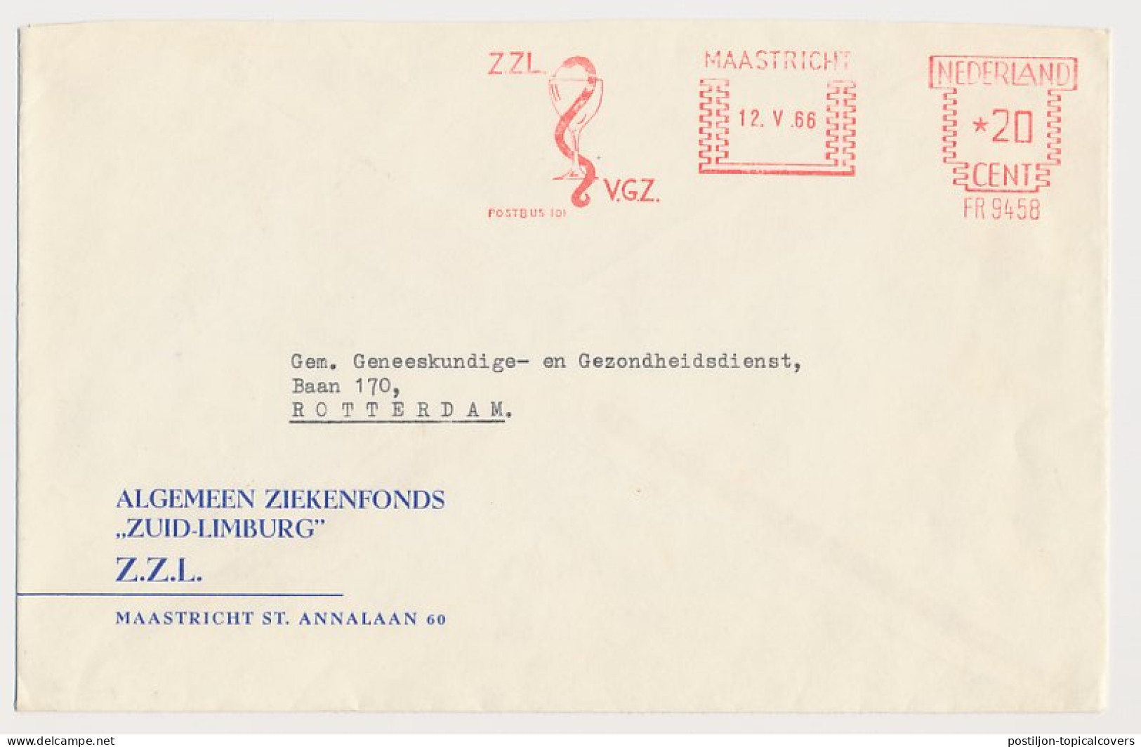 Meter Cover Netherlands 1966 Aesculapius - Snake - Maastricht - Autres & Non Classés