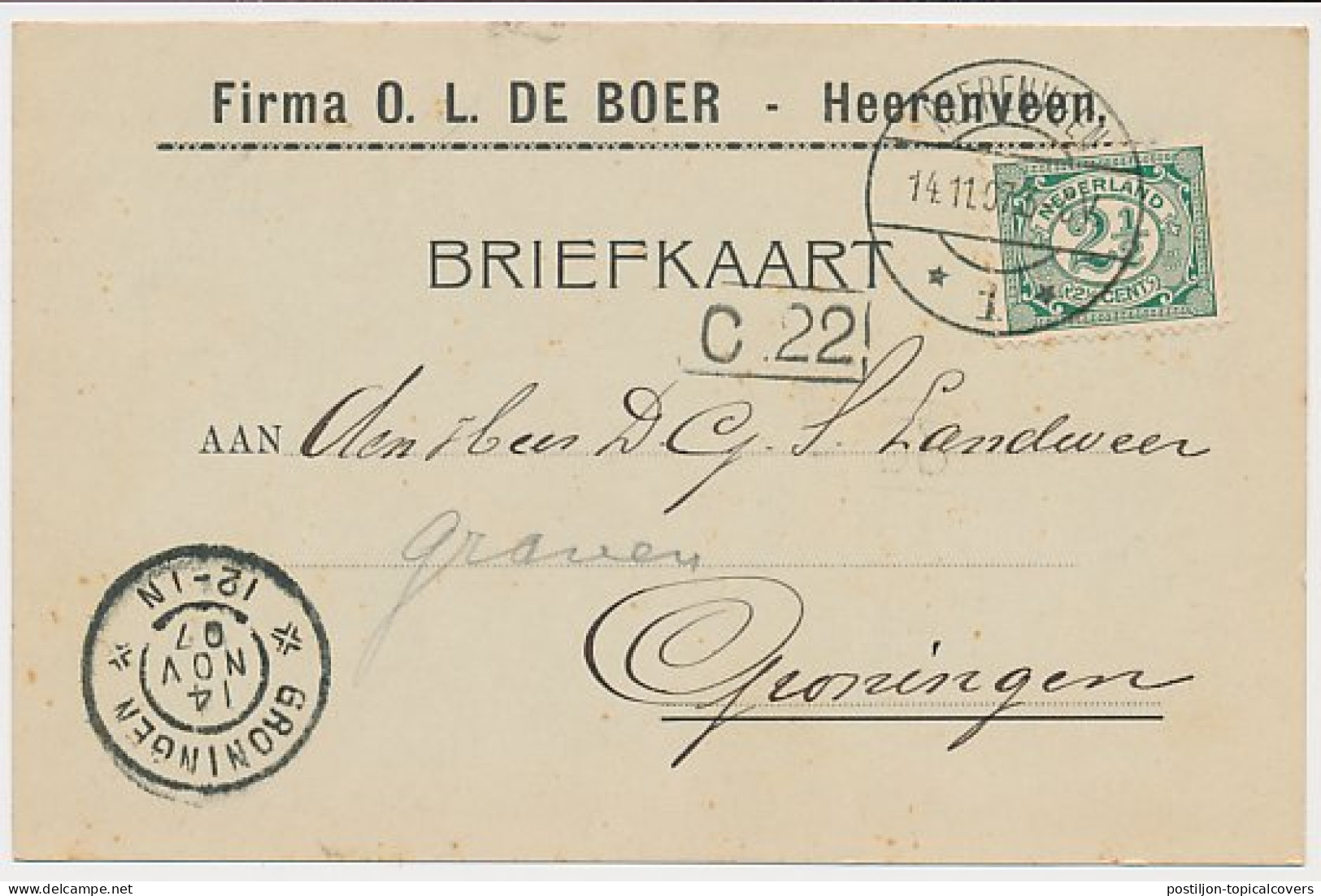 Firma Briefkaart Heerenveen 1907 - O.L. De Boer - Unclassified