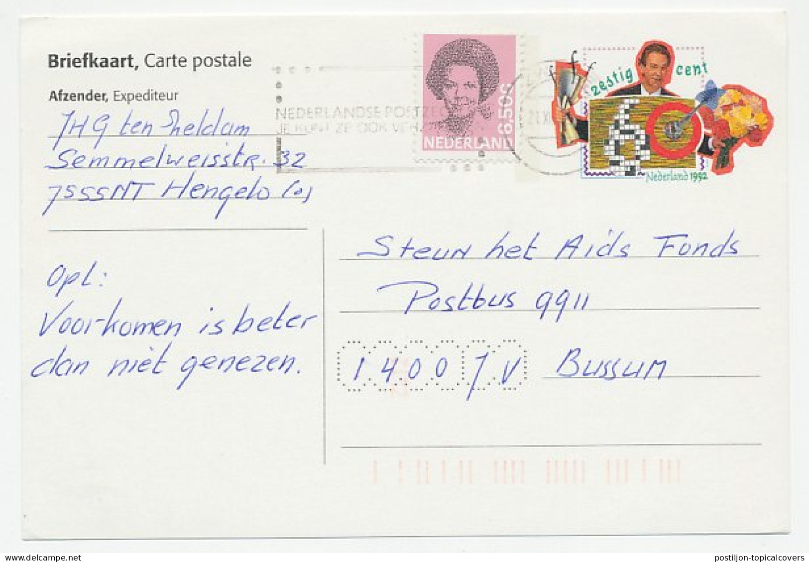 Postal Stationery Netherlands 1992 - Uprated For Charity Aids Fund - Card With Puzzle Solution - Other & Unclassified