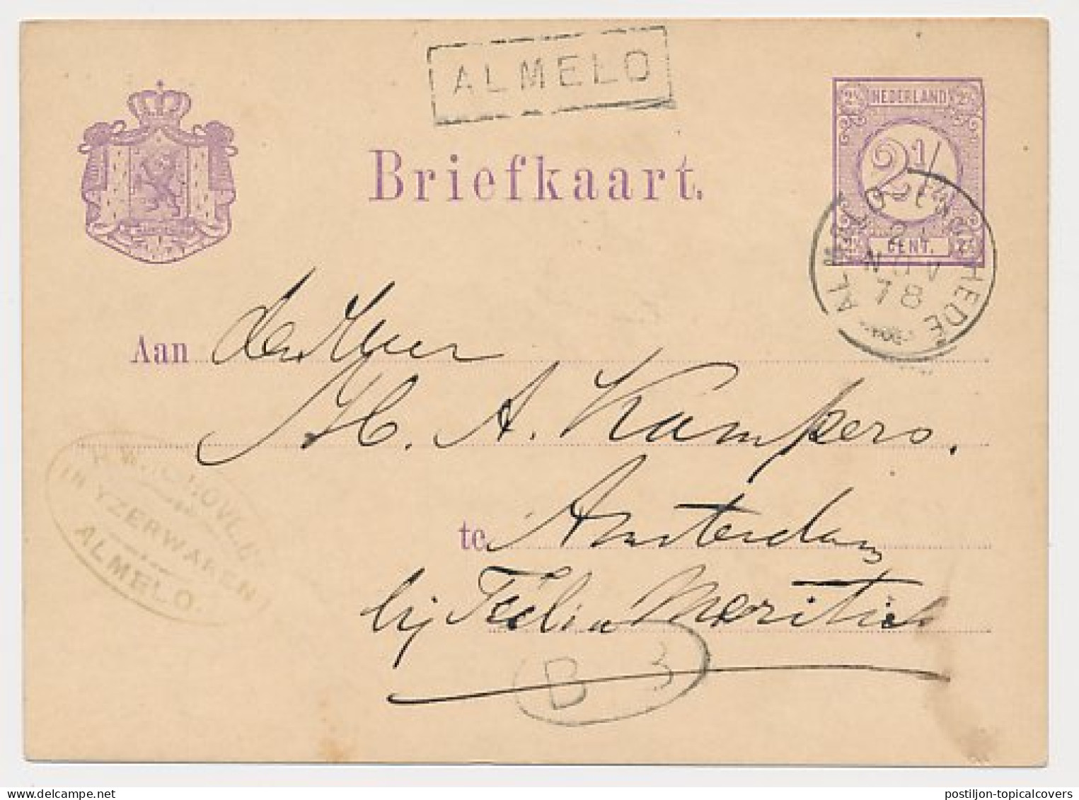 Trein Haltestempel Almelo 1878 - Lettres & Documents