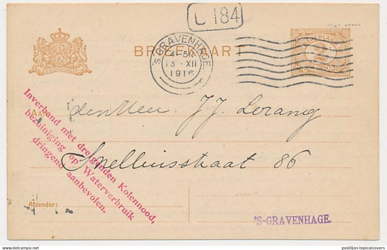 Briefkaart G. (DW) 88a-II Cat. Onbekend - Duinwaterleiding 1916 - Ganzsachen