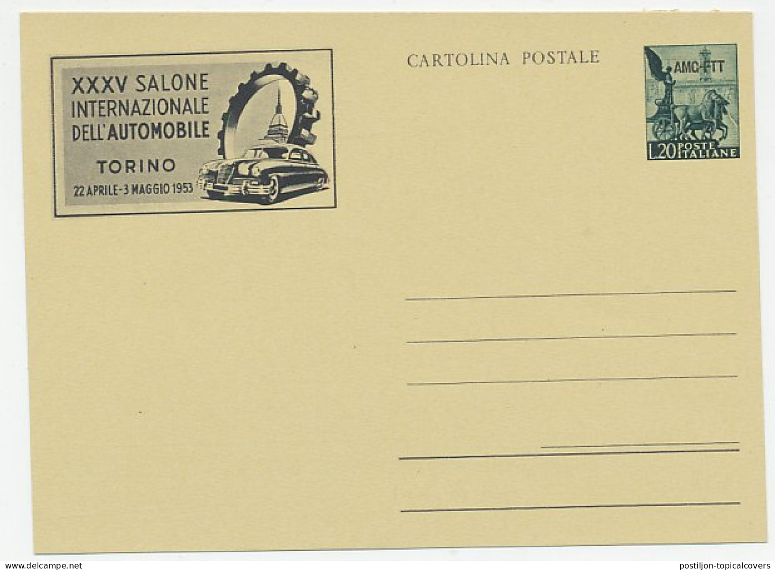 Postal Stationery Italy 1953 Car - Auto / Motor Show Torino - Coches