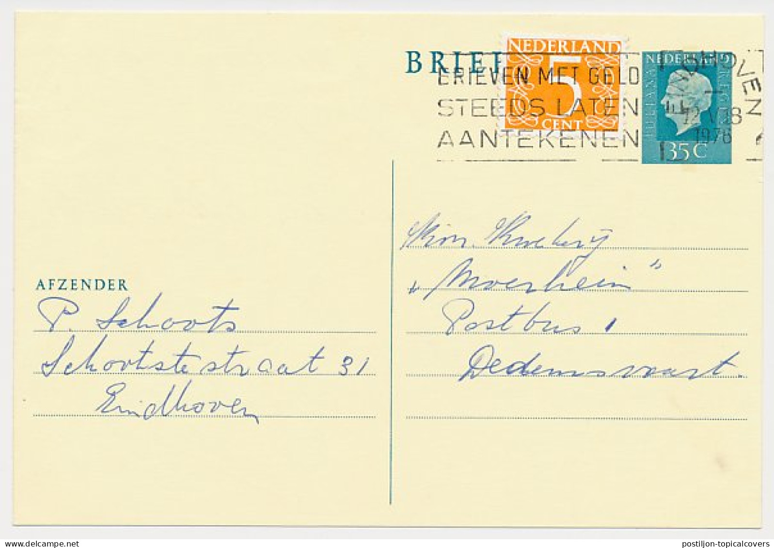 Briefkaart G. 352 / Bijfrankering Eindhoven - Dedemsvaart 1976 - Entiers Postaux