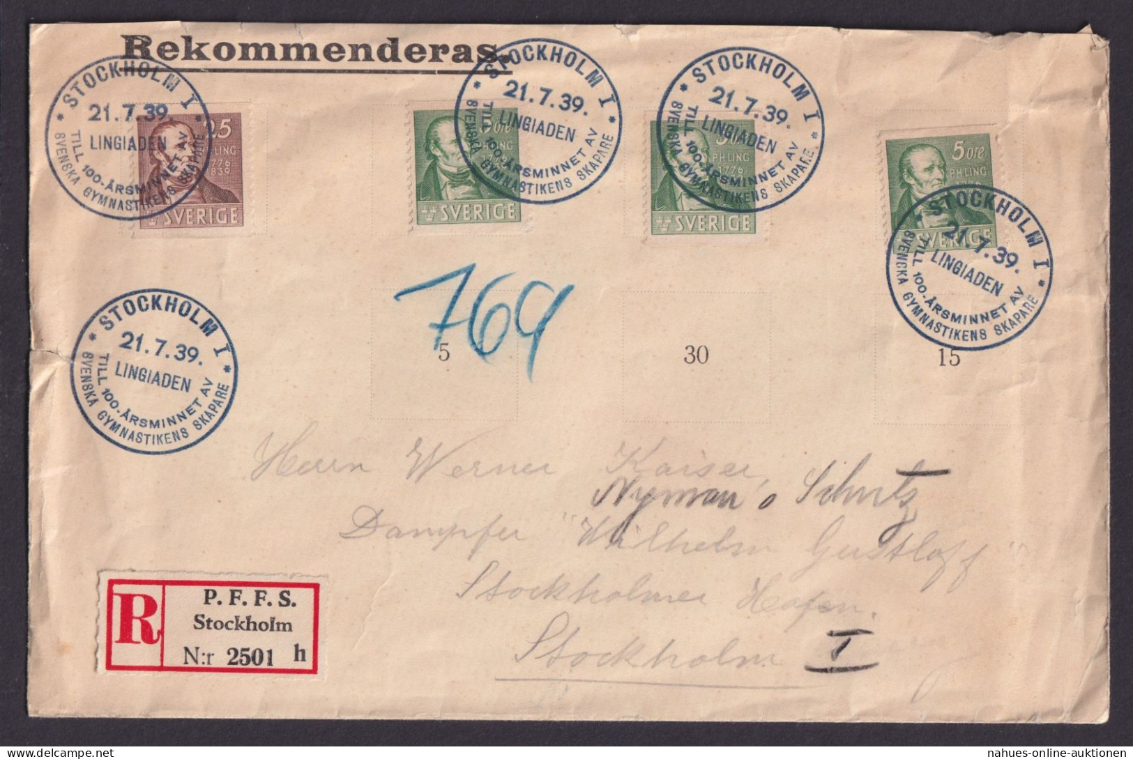 Stockholm R Brief Schweden R-Zettel P.F.F.S. Turnen Lingiade Pehr Henrik Ling - Storia Postale