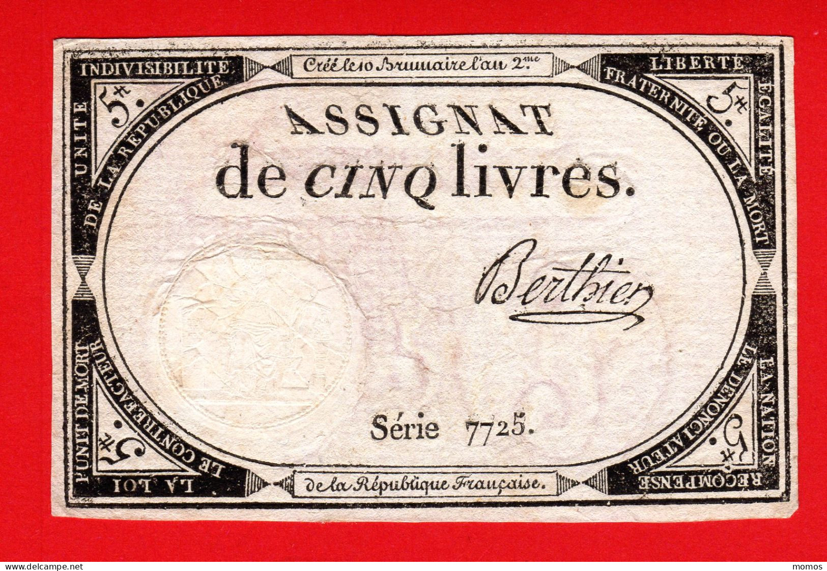 ASSIGNAT DE 5 LIVRES - 10 BRUMAIRE AN 2  (31 OCTOBRE 1793) - BERTHIER - REVOLUTION FRANCAISE - Assignate