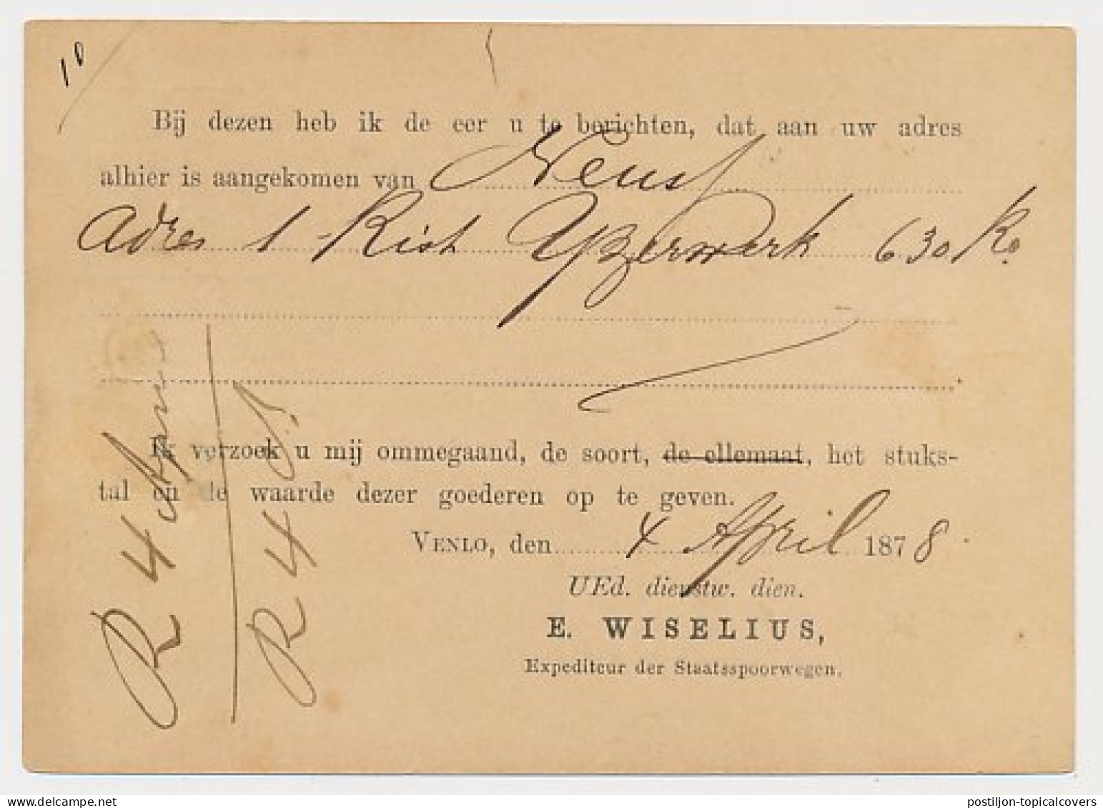 Spoorwegbriefkaart G. MESS18 A - Venlo - Roermond 1878 - Ganzsachen