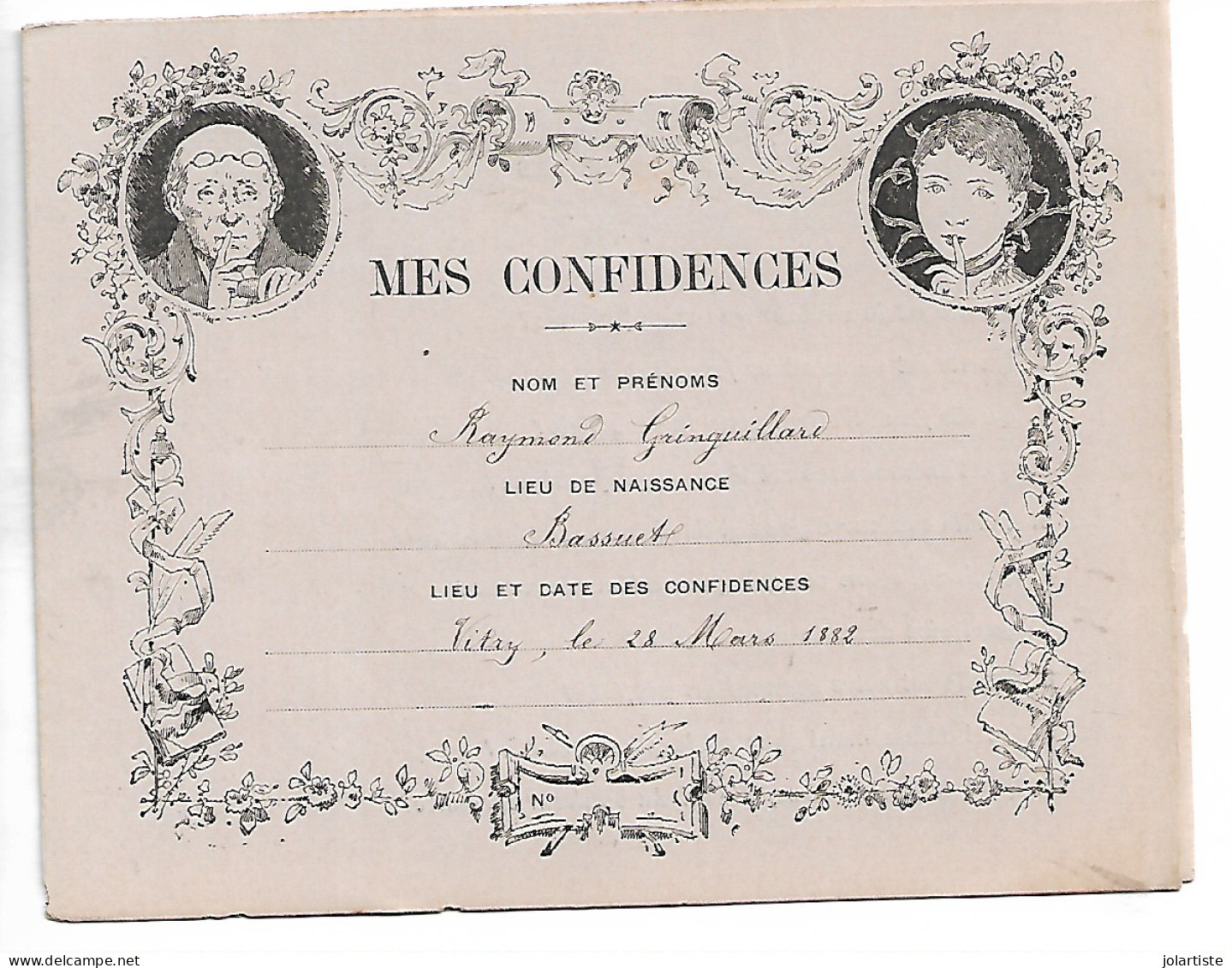 D 51 BASSUET 1882  Mes Confidences De Raymond Gringuillard De  8 Pages Et Autographe Clas 5 N0174 - Other & Unclassified