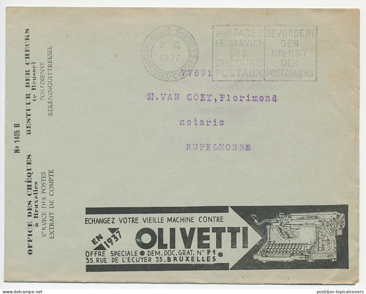 Postal Cheque Cover Belgium 1937 Bed Bugs - Port - Wine - Pesticide - Skull - Typewriter - Andere & Zonder Classificatie