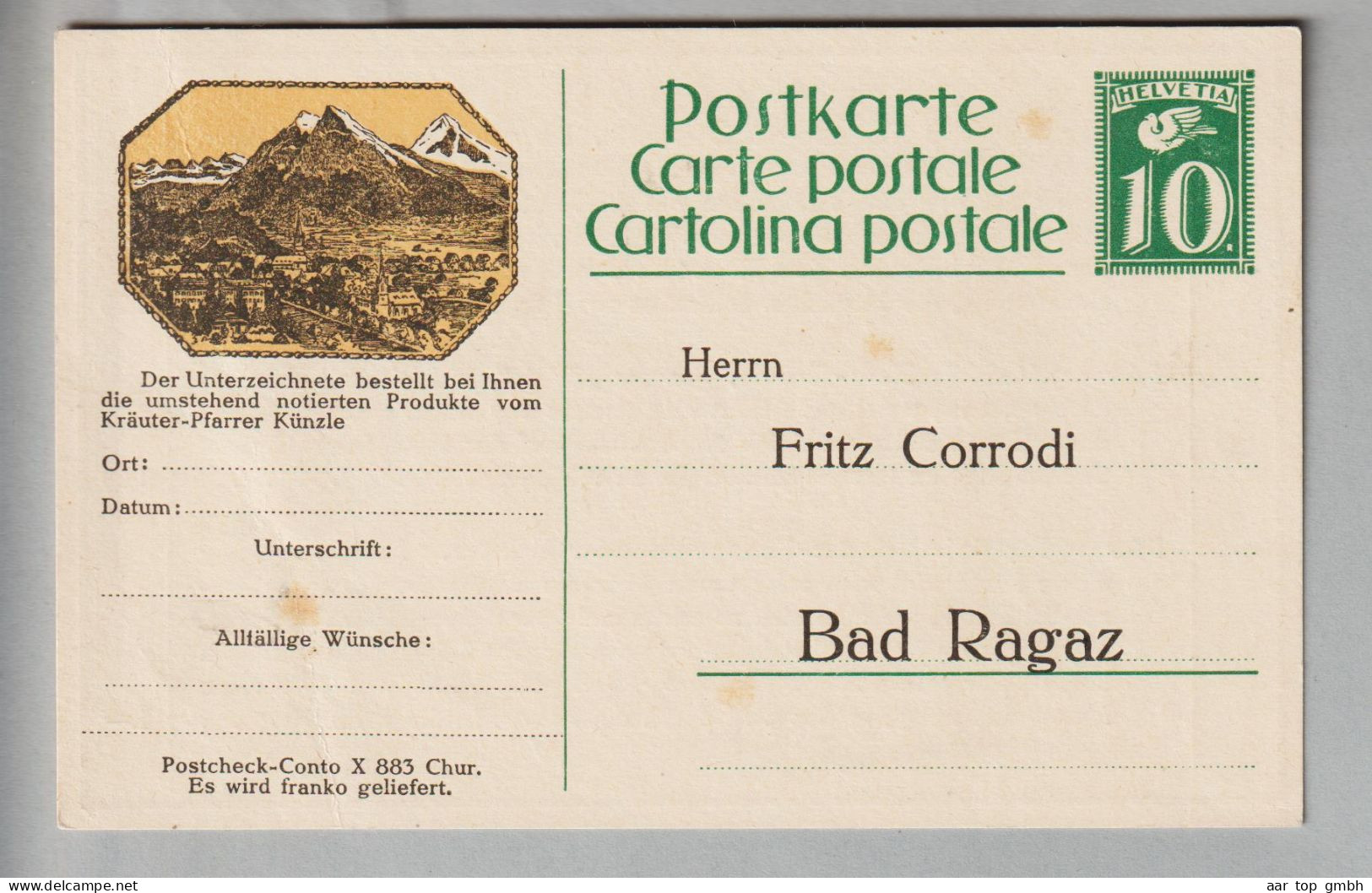 CH Ganzsache Mit Privatzudruck 10Rp. Ungebraucht Fritz Corrodi, Bad Ragaz - Entiers Postaux