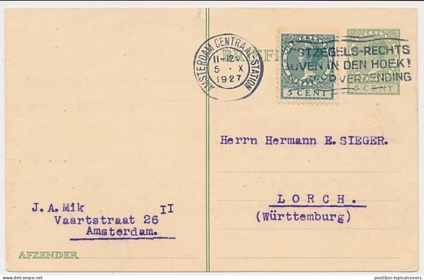 Briefkaart G. 216 / Bijfrankering Amsterdam - Duitsland 1927 - Entiers Postaux