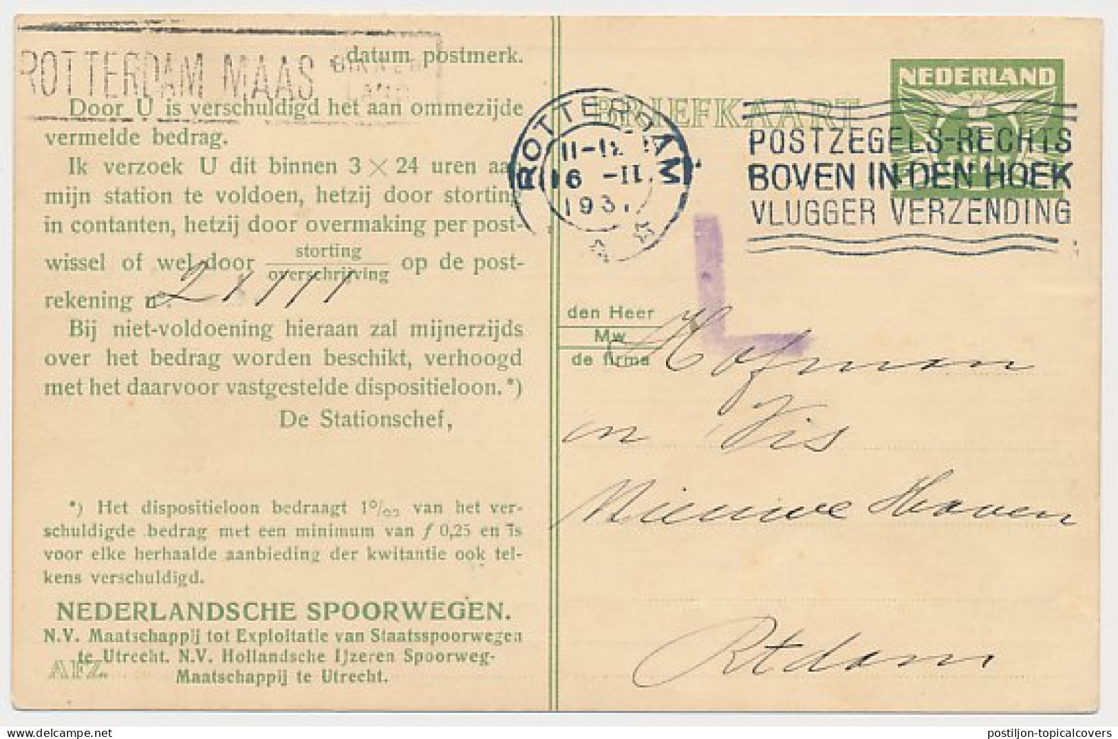 Spoorwegbriefkaart G. NS222 X - Locaal Te Rotterdam 1931 - Entiers Postaux