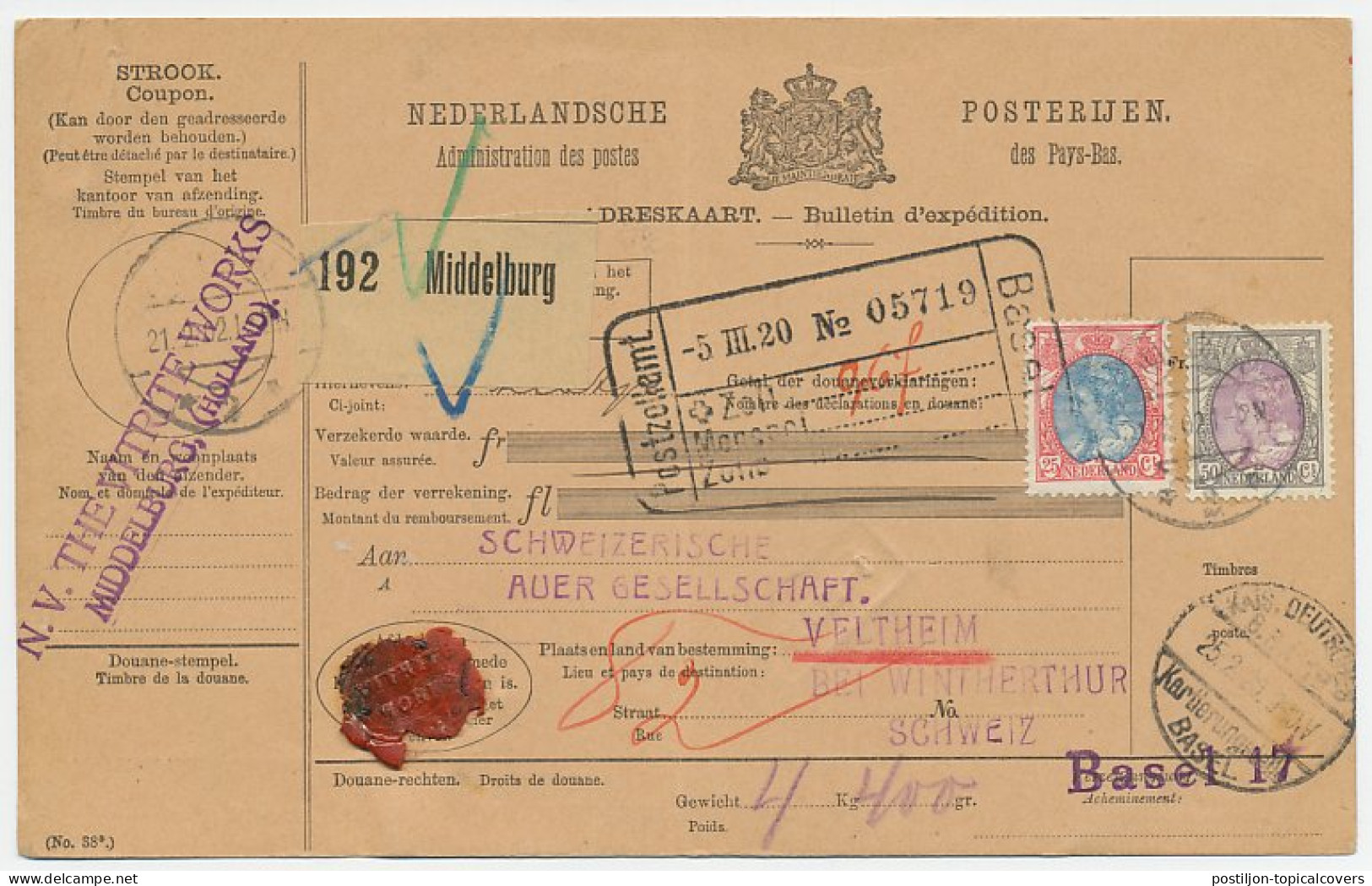 Em. Bontkraag Pakketkaart Middelburg - Zwitserland 1920 - Ohne Zuordnung