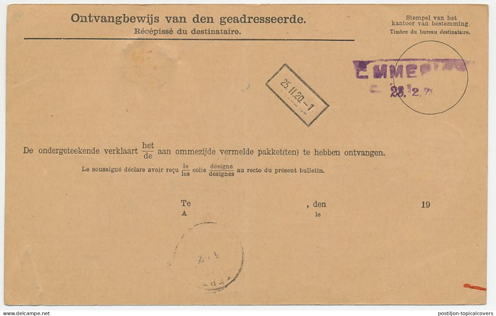 Em. Bontkraag Pakketkaart Middelburg - Zwitserland 1920 - Non Classés