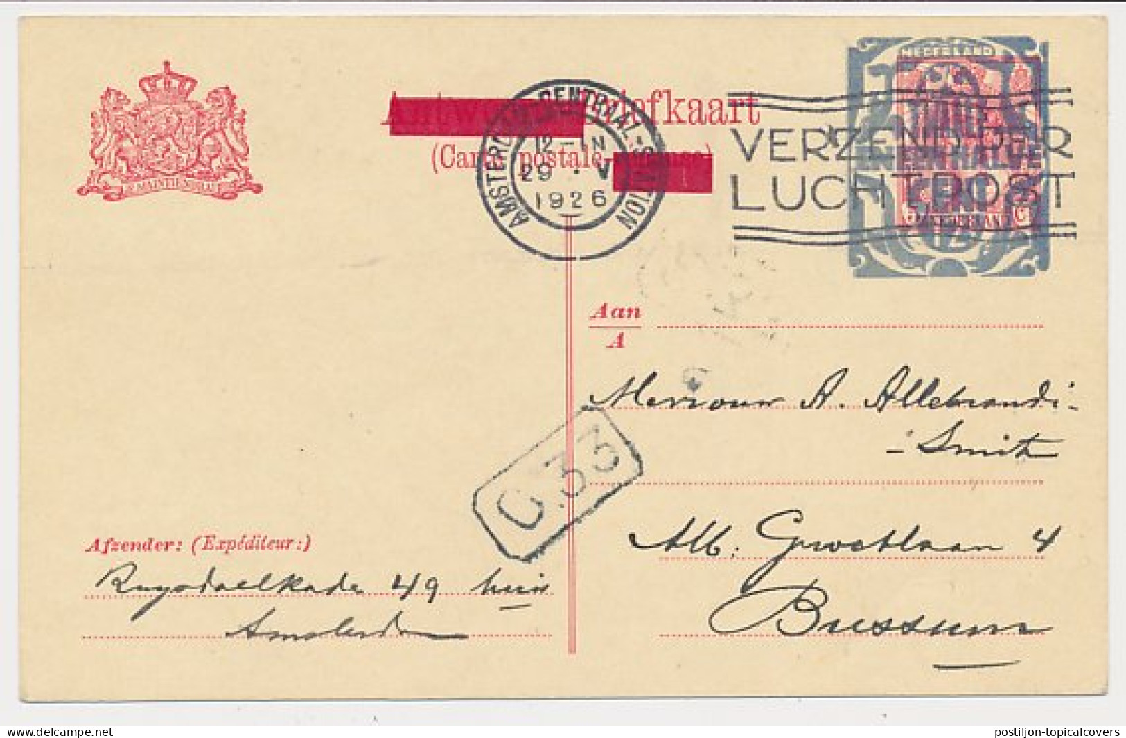 Briefkaart G. 209 B Amsterdam - Bussum 1926 - Entiers Postaux